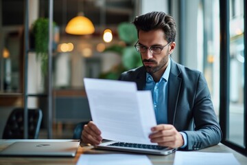 Young busy latin professional business man checking document working at laptop computer in office. Serious businessman accountant expert reading legal, Generative AI