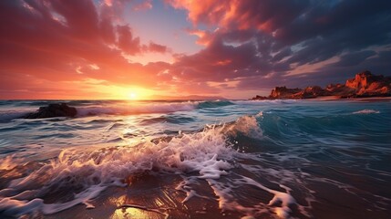 Crashing Waves Against Rocky Beach at Sunset