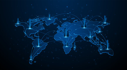 Poster - Global connection network background. World map. High-speed internet technology concept. Continental or country level communication
