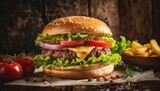 Fototapeta  - Product shot of a juicy, artisan, rustic burger, food photography, delicious, close-up