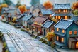 A miniature model of a town with houses and trees.