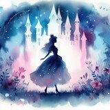 Silhouette of a fairy tale princess in front of a magic castle.