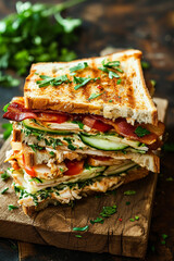 Wall Mural - Club sandwich with chicken breast, bacon, tomatoes, cucumbers and greens on a wooden background.