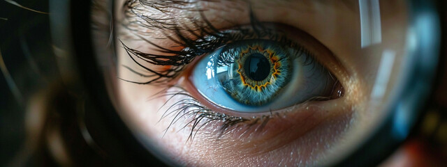 a child's eye through a magnifying glass close-up.