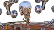 Futuristic robot head or humanoid face under construction by mechanical assembly arms or robotic automated equipment. Cyber factory isolated on transparent background. 3d rendering