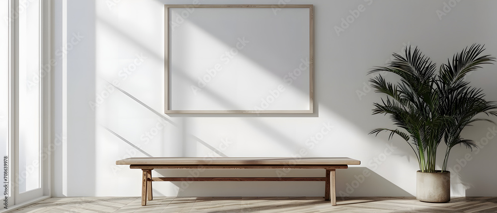 Wooden bench against white wall with poster frame. Ethnic farmhouse ...