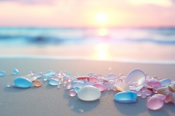 Wall Mural - colorful collection of sea glass on a sandy beach