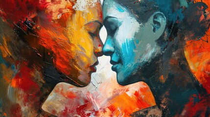 Poster - Man and woman face to face. Colorful abstract painting on canvas