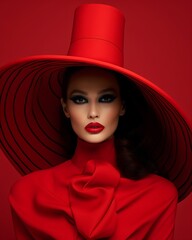 Wall Mural - Portrait of a fashion woman in red hat and ed background 