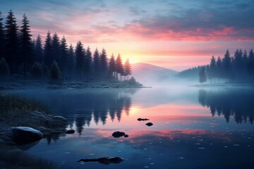 Wall Mural - Tranquil wallpaper background featuring a serene lakeside landscape at dawn