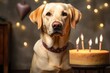 The fawn Labrador retriever celebrates his birthday. the atmosphere of celebration and a cake with candles on a festive background. a beloved pet.