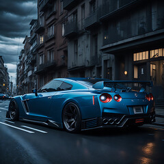 a person driving nissan gtr latest model in tokyo city. the car is of blue color and the finishing of the color is very shiny. the tires rim are in red color and the road color is very dark. sky is cl