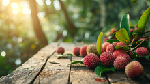 Lychees On A Wooden Background, Nature