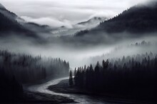Mist Over The Mountains. Foggy Mountain Landscape With A River Flowing Through The Forest.
