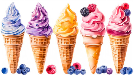 Ice cream of different colors in a waffle cone on a white background. Many different flavors such as strawberry, vanilla and caramel. Garnished with fruit. Advertising for an ice cream parlor.