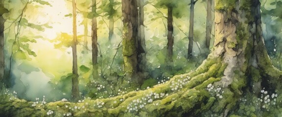 Wall Mural - The trunk of a thick tree covered with moss and white flowers in the forest. Watercolor drawing.