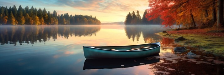 Canvas Print - A peaceful sunset scene on a calm lake with reflections and a rowing boat