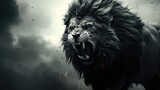 Fototapeta  - Close-up of the head of an aggressive lion ready to attack. Wild animal in monochrome style. Illustration for cover, card, postcard, interior design, banner, poster, brochure or presentation.