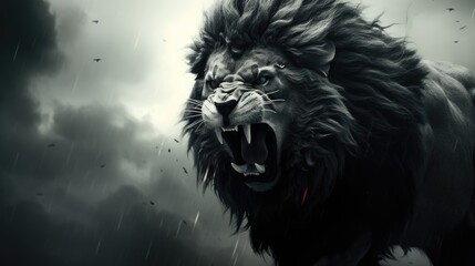 close-up of the head of an aggressive lion ready to attack. wild animal in monochrome style. illustr