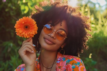 Wall Mural - a young woman holding an eye catching flower