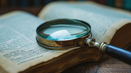 Magnifying glass on old book.