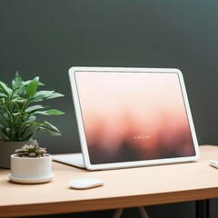 a laptop computer sitting on top of a wooden desk