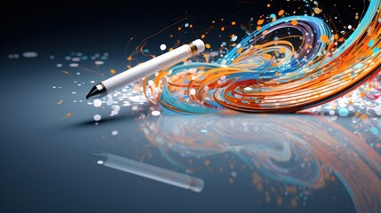 Artificial Intelligence in Graphic Design and Illustration. Digital pen surrounded by swirling lines of code and color, representing AI role in graphic design and digital illustration