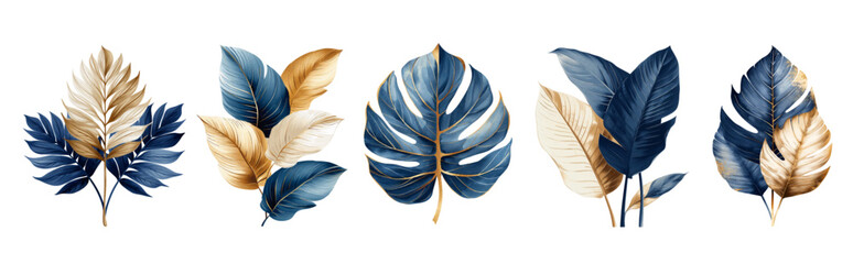Wall Mural - Tropical trendy leaves on a transparent background. Isolated illustrations of plants, palm leaf, monstera for greeting card, background or wedding
 invitation, Muted ,blue, beige, gold , bronze ,color