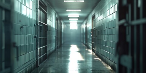 Poster - A long hallway in a jail cell block. Can be used to depict the atmosphere of a prison or in crime-related projects