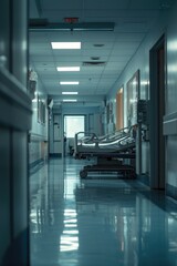 Poster - A hospital hallway with a row of beds. Suitable for healthcare and medical themes