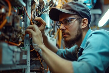 Aufkleber - A man is seen operating a machine in a factory. This image can be used to depict industrial work, manufacturing, or technology in a production setting