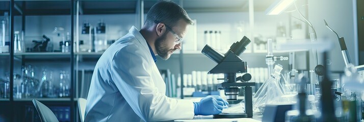 a focused scientist wearing glasses and lab coat analyzing specimens with a microscope in a high-tec