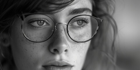 Poster - A black and white photo of a woman wearing glasses. Suitable for various uses