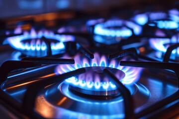 Wall Mural - A detailed view of a gas stove with blue flames. This image can be used to depict cooking, heating, or energy efficiency