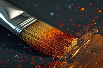 Poster - A paintbrush with a brown stain on a black surface. Perfect for art, creativity, or DIY projects