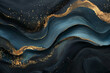 Elegant Black Background Adorned with Gilded Gold and Serene Blue Waves Harmony in Contrast