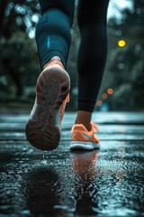 Poster - Person's feet walking in the rain. Ideal for illustrating rainy weather or outdoor activities in wet conditions