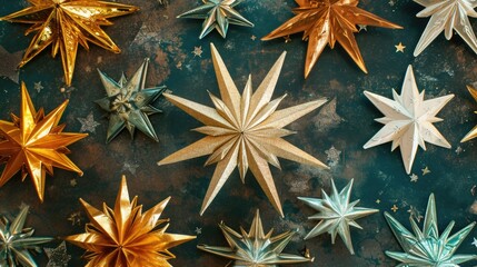 Poster - A collection of gold and silver stars arranged on a table. Perfect for adding a touch of sparkle to your projects