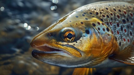 Poster - A detailed close-up shot of a fish with water in the background. Suitable for aquatic-themed designs and projects