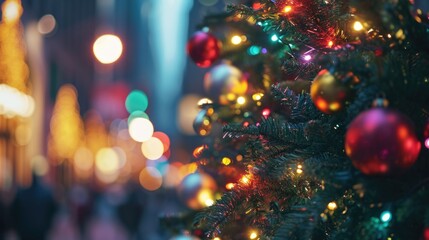 Aufkleber - A close-up view of a beautifully decorated Christmas tree with colorful lights in the background. Perfect for adding a festive touch to holiday-themed designs