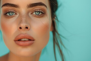 Poster - A close-up view of a woman's face with freckles. This image can be used to portray natural beauty and individuality