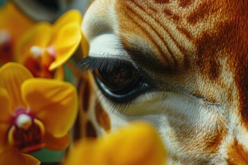 Poster - Close up of a giraffe's eye with a beautiful floral background. Perfect for nature enthusiasts or animal lovers