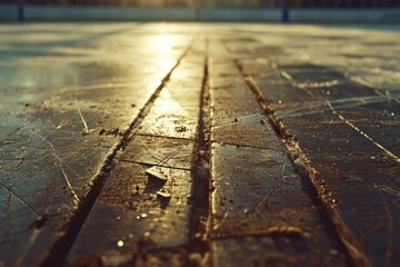 Poster - A detailed close-up of a wet sidewalk with a bench in the background. Suitable for various outdoor-themed designs and concepts