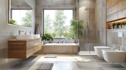 Canvas Print - A fully equipped bathroom with a tub, sink, and toilet. Suitable for various interior design projects