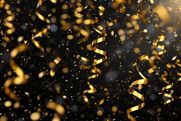 Poster - A stunning image of a bunch of gold confetti on a black background. Perfect for adding a touch of elegance and celebration to any design project.