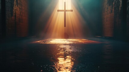 Poster - A cross placed in the center of a dimly lit room. Suitable for religious themes and symbolism