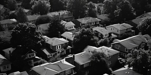 Sticker - A black and white photo capturing the essence of a neighborhood. Can be used for various purposes