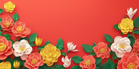 Poster - Red background with paper flowers and leaves. Suitable for various design projects