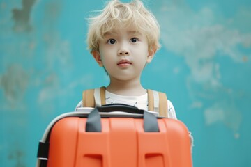Poster - A young boy is seen holding a piece of luggage. This versatile image can be used to depict concepts such as travel, adventure, childhood, family, or independence