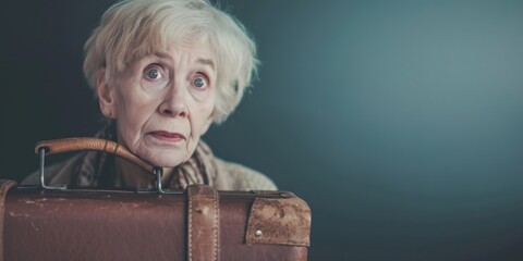 Poster - An older woman holding a brown suitcase in front of her face. Suitable for travel, mystery, or concealment concepts